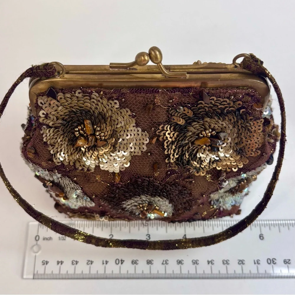 SANTI Y2K Brown Silk Beaded Sequin Tiger’s Eye Evening Luxury Hand Bag‎
